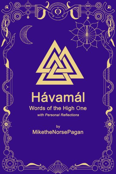 Blå omslagsdesign med guldtexten "Hávamál" och symboler som måne och triangel.