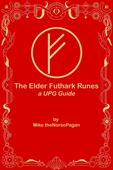 Röd bokomslag med titeln "The Elder Futhark Runes" och dekorativa mönster.