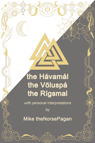 Bokomslag med titlar i guld och en triangel, dekorerad med symboler och mönster.