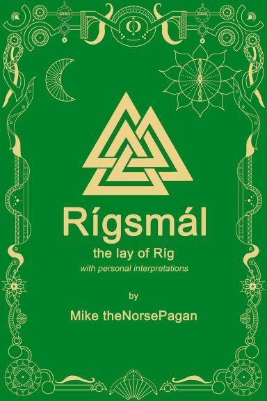 Grön bokomslag med titeln "Rígsamál" och symboler i guld.